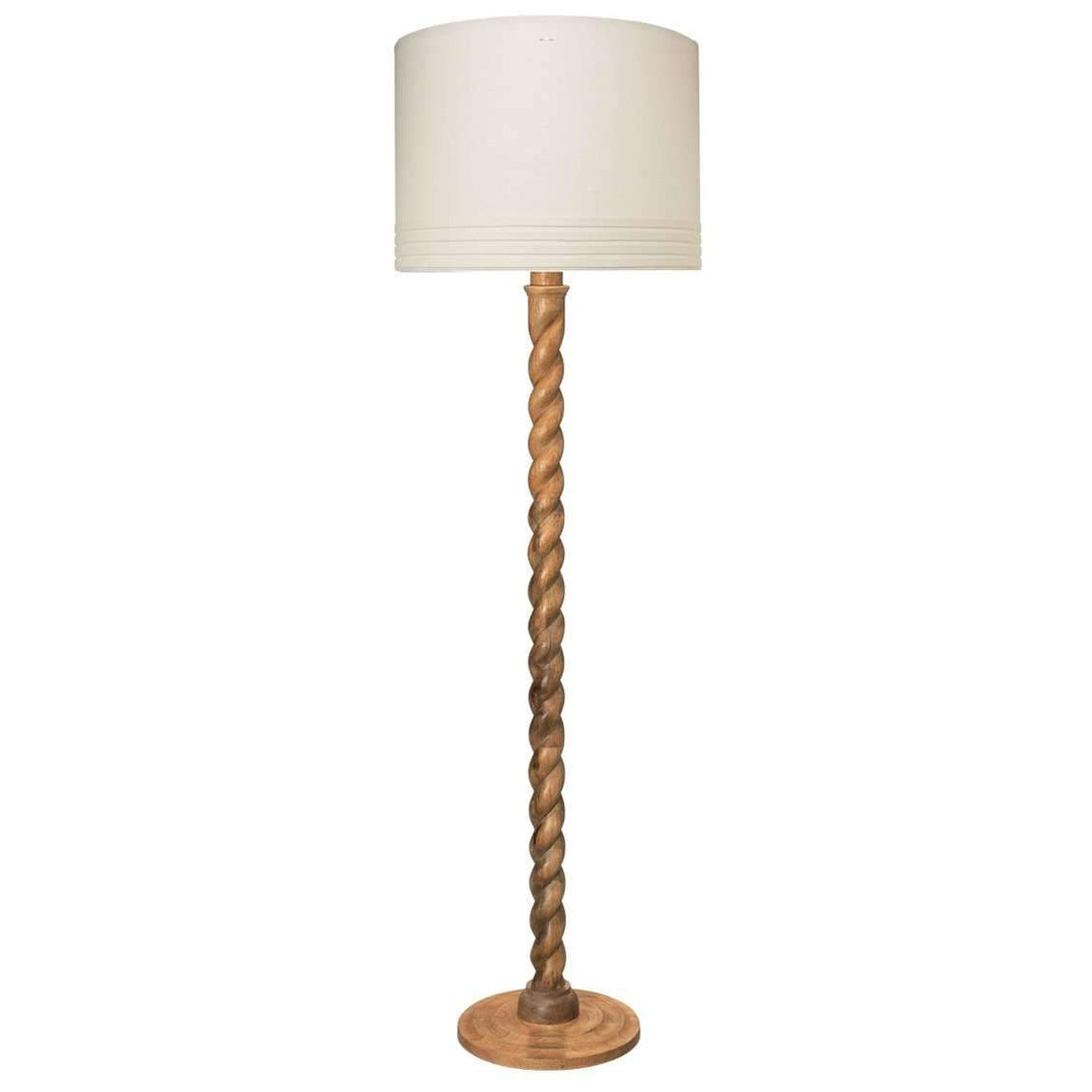 Jamie Young, Barley Twist Floor Lamp in Natural Wood with Large Banded Drum Shade in Sea Salt Linen