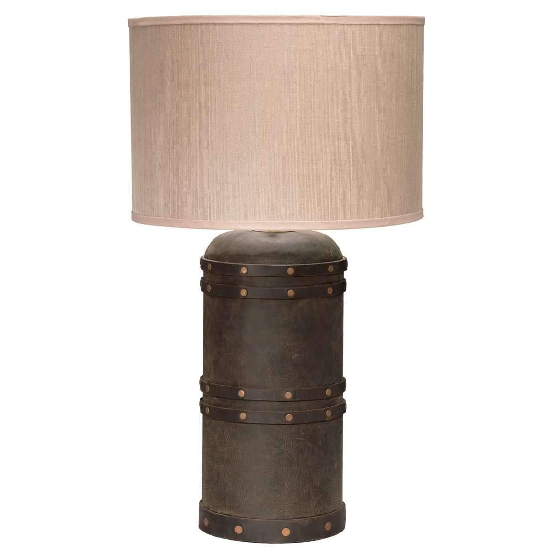 Jamie Young, Barrel Table Lamp in Vintage Leather with Classic Drum Shade in Elephant Hemp