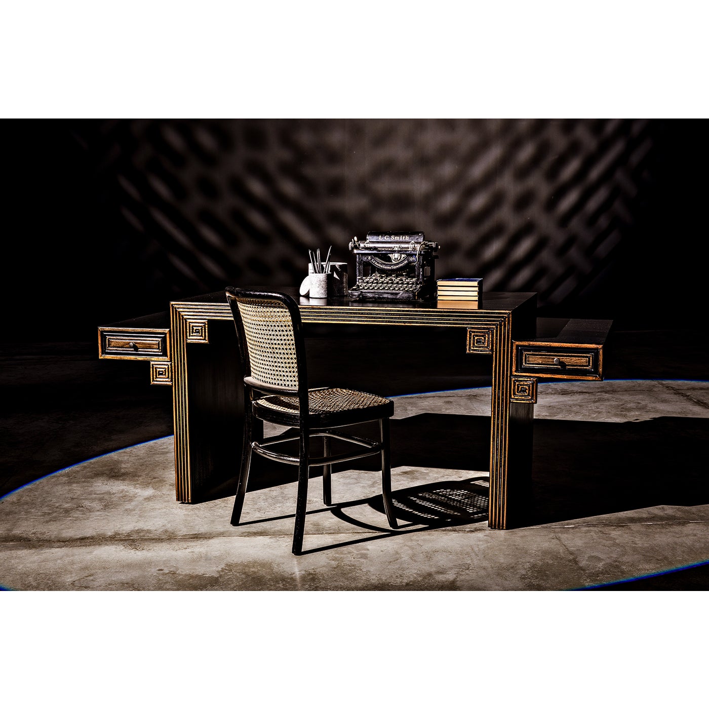 Noir, Barzini Desk - Hand Rubbed Black With Light Brown Trim