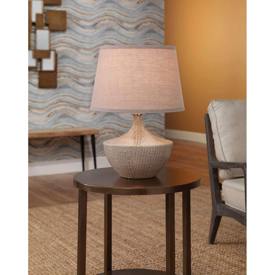 Jamie Young, Basketweave Table Lamp in Off White Ceramic with Medium Open Cone Shade in Natural Linen