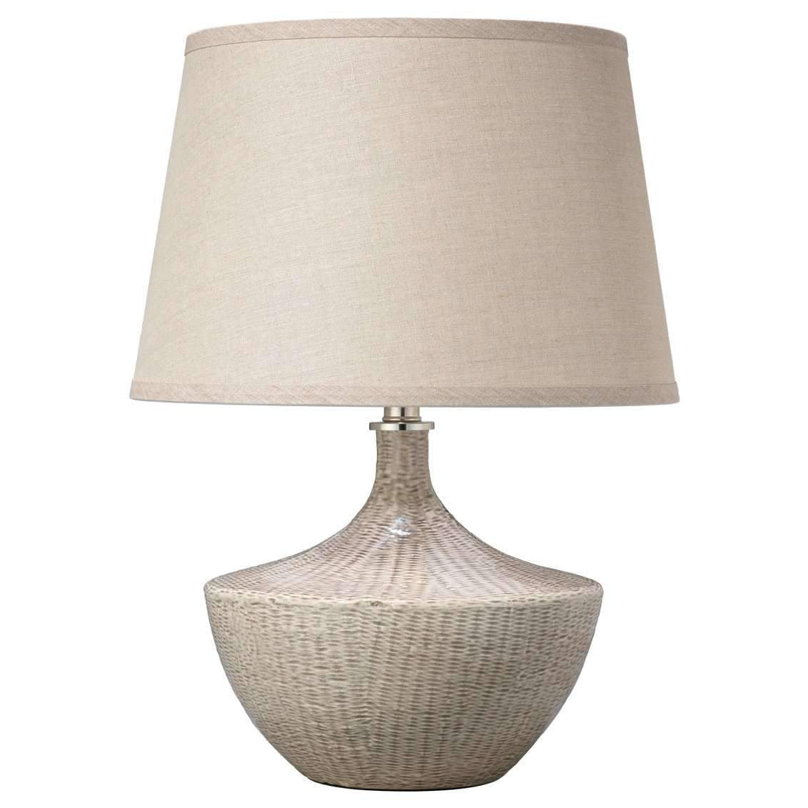 Jamie Young, Basketweave Table Lamp in Off White Ceramic with Medium Open Cone Shade in Natural Linen