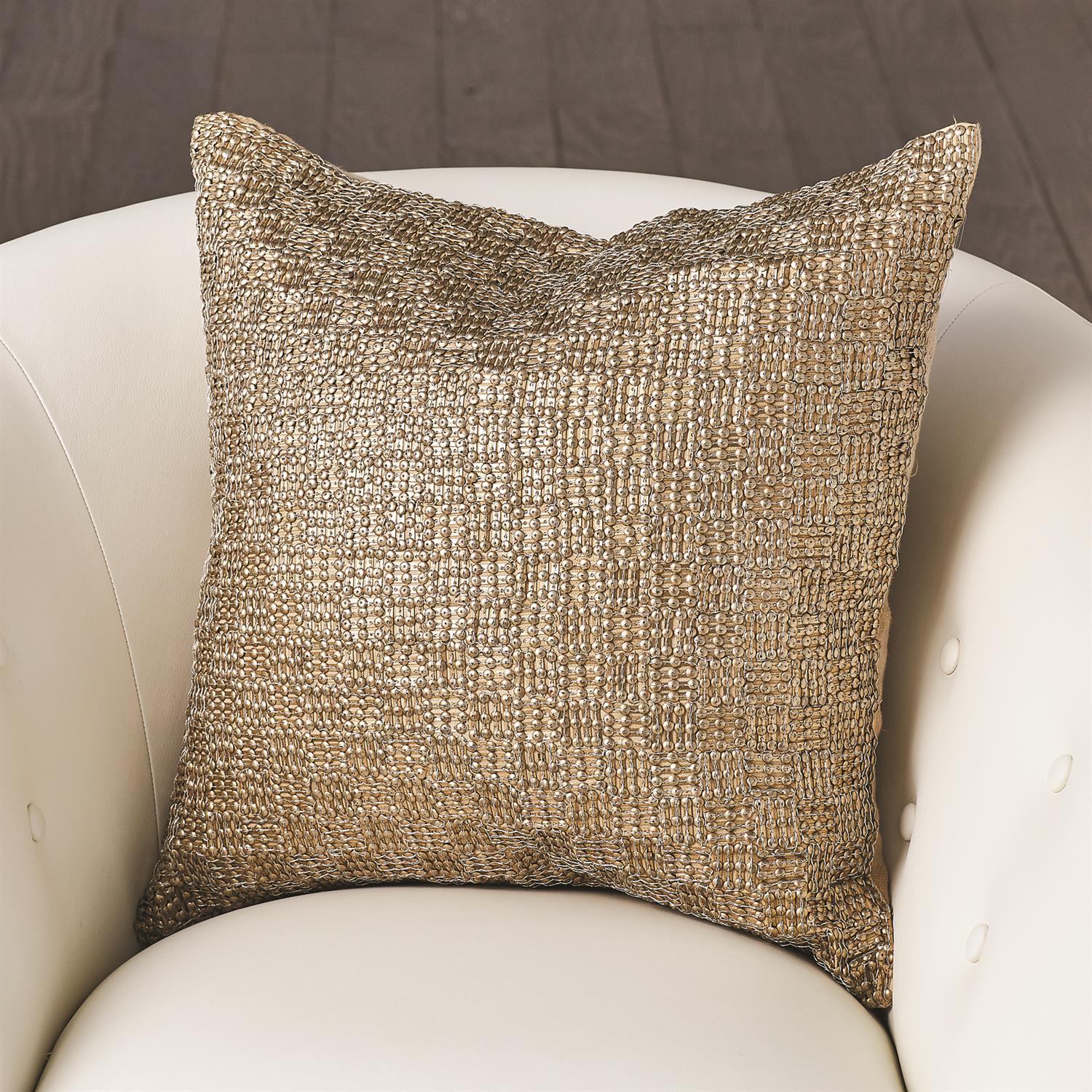 Global Views, Beaded Basketweave Pillow - Antique Gold